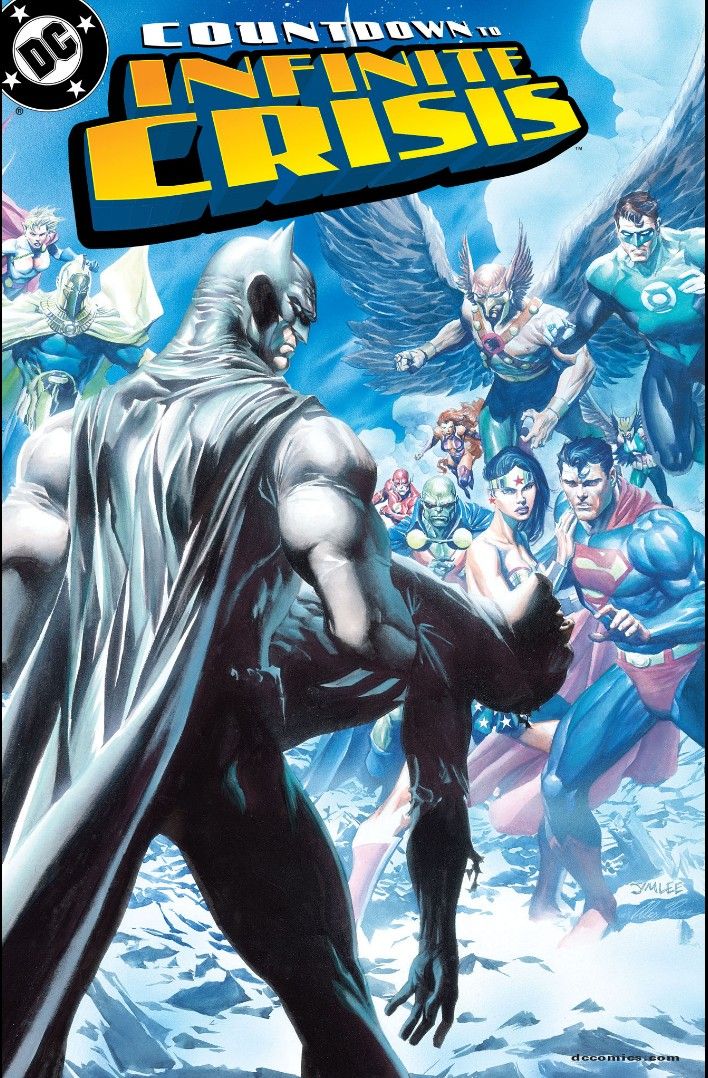 The cover of Countdown to Infinite Crisis, showing Batman holding the dead body of Blue Beetle.