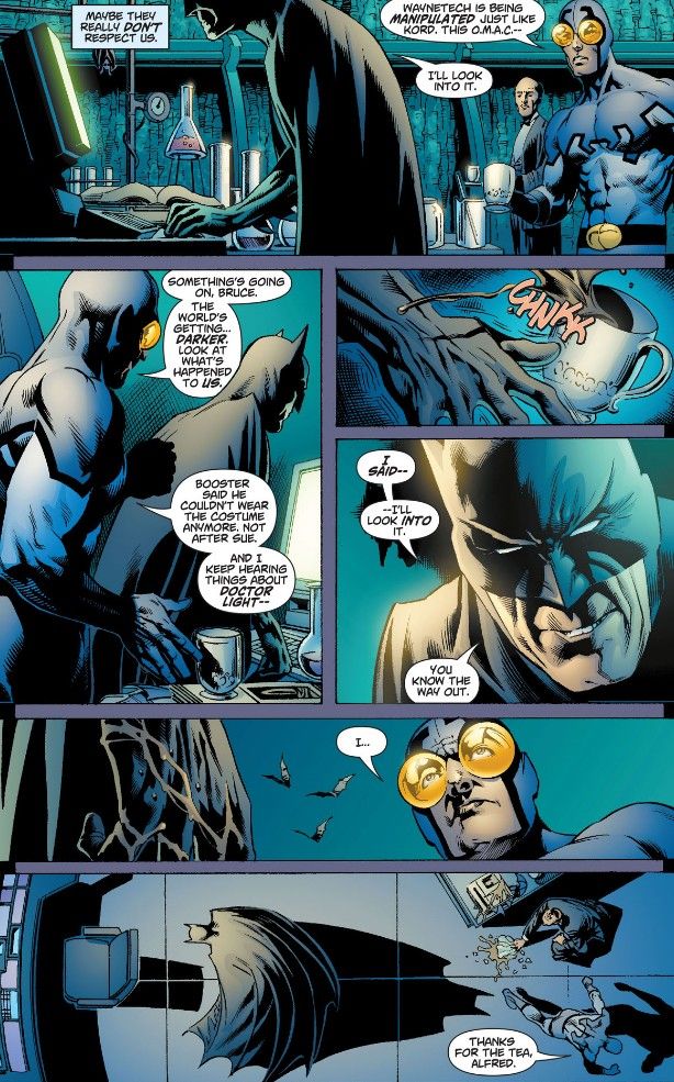 A page from Countdown to Infinite Crisis showing Batman ignoring Blue Beetle's request for help.