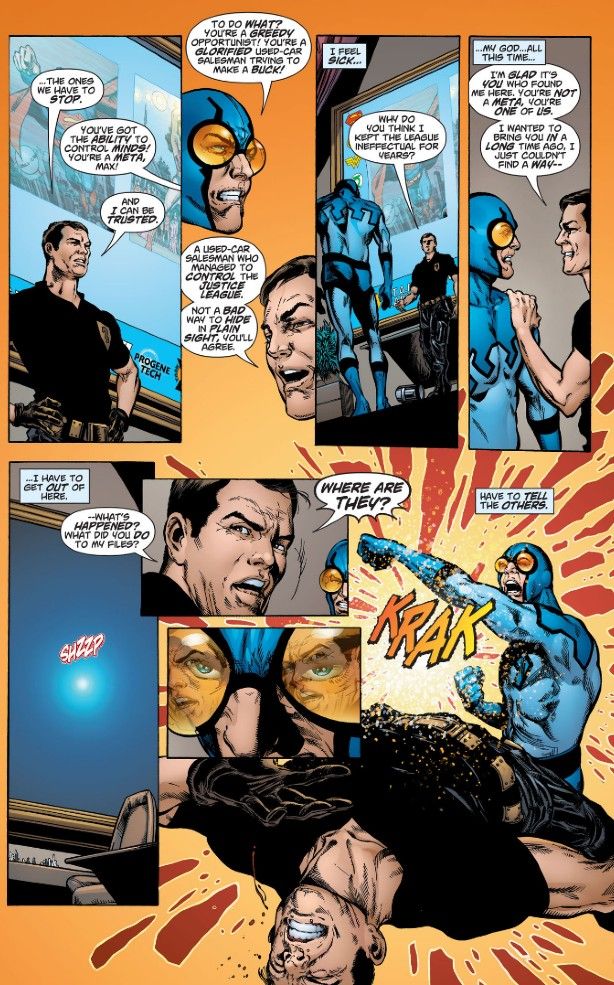 A page from Countdown to Infinite Crisis showing Blue Beetle confronting Maxwell Lord.
