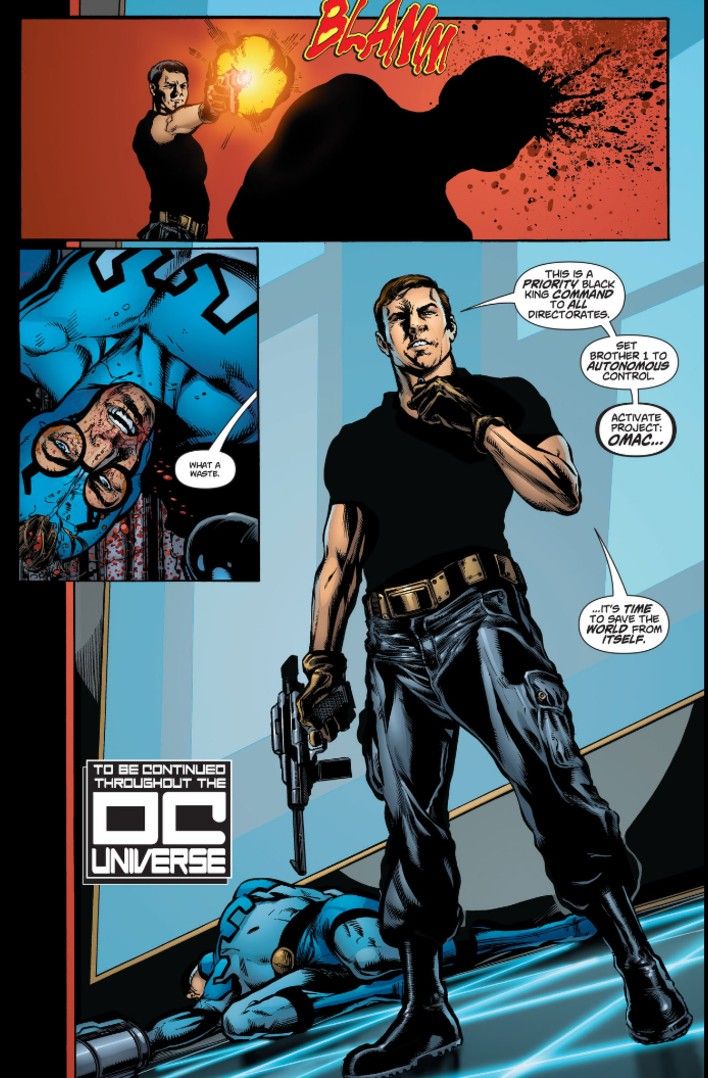 A page from Countdown to Infinite Crisis showing Maxwell Lord killing Blue Beetle with a gunshot to the head.