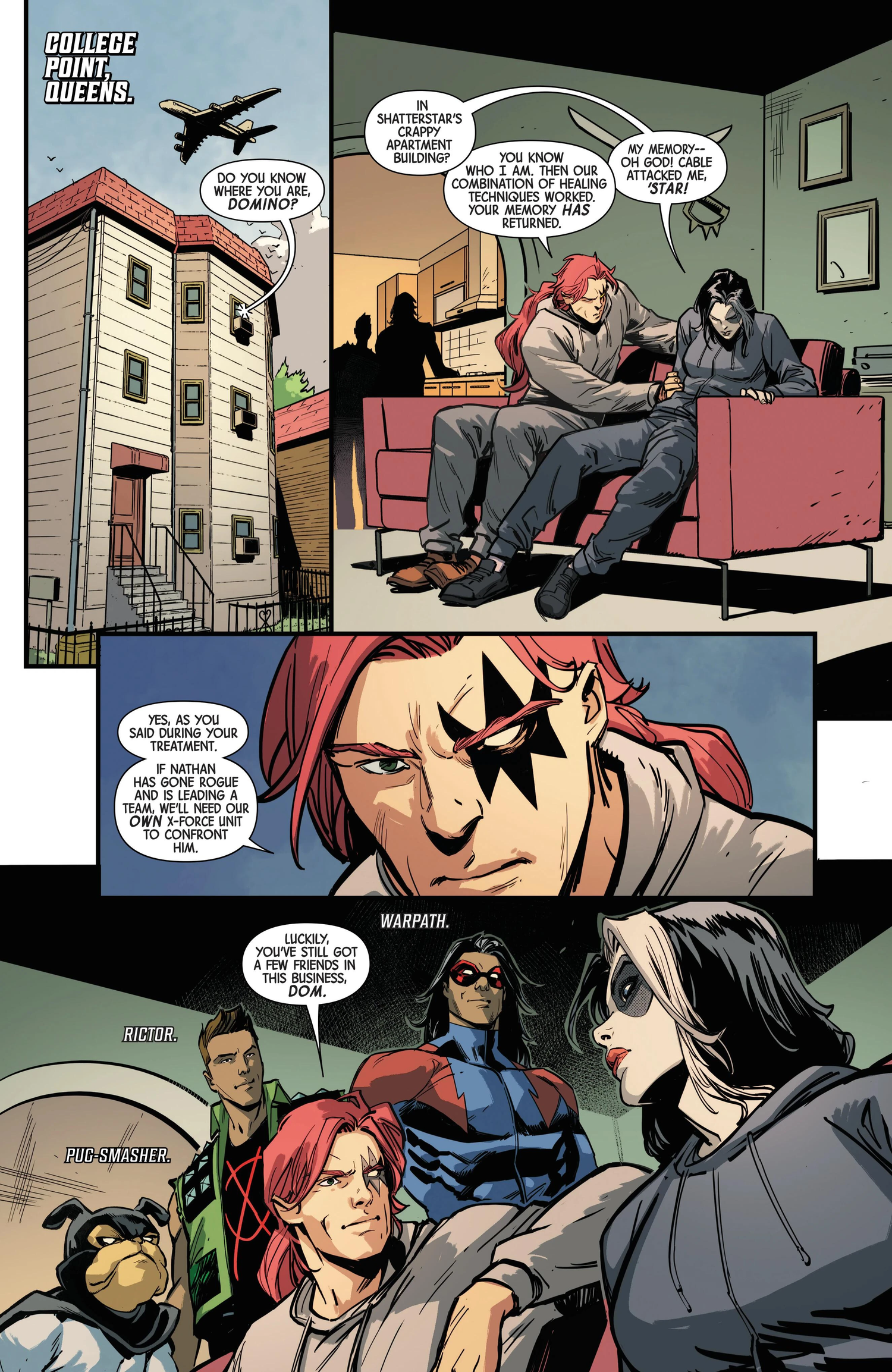 Comic book panels showing Shatterstar, Warpath, Rictor, and Pug-Smasher speaking to Domino