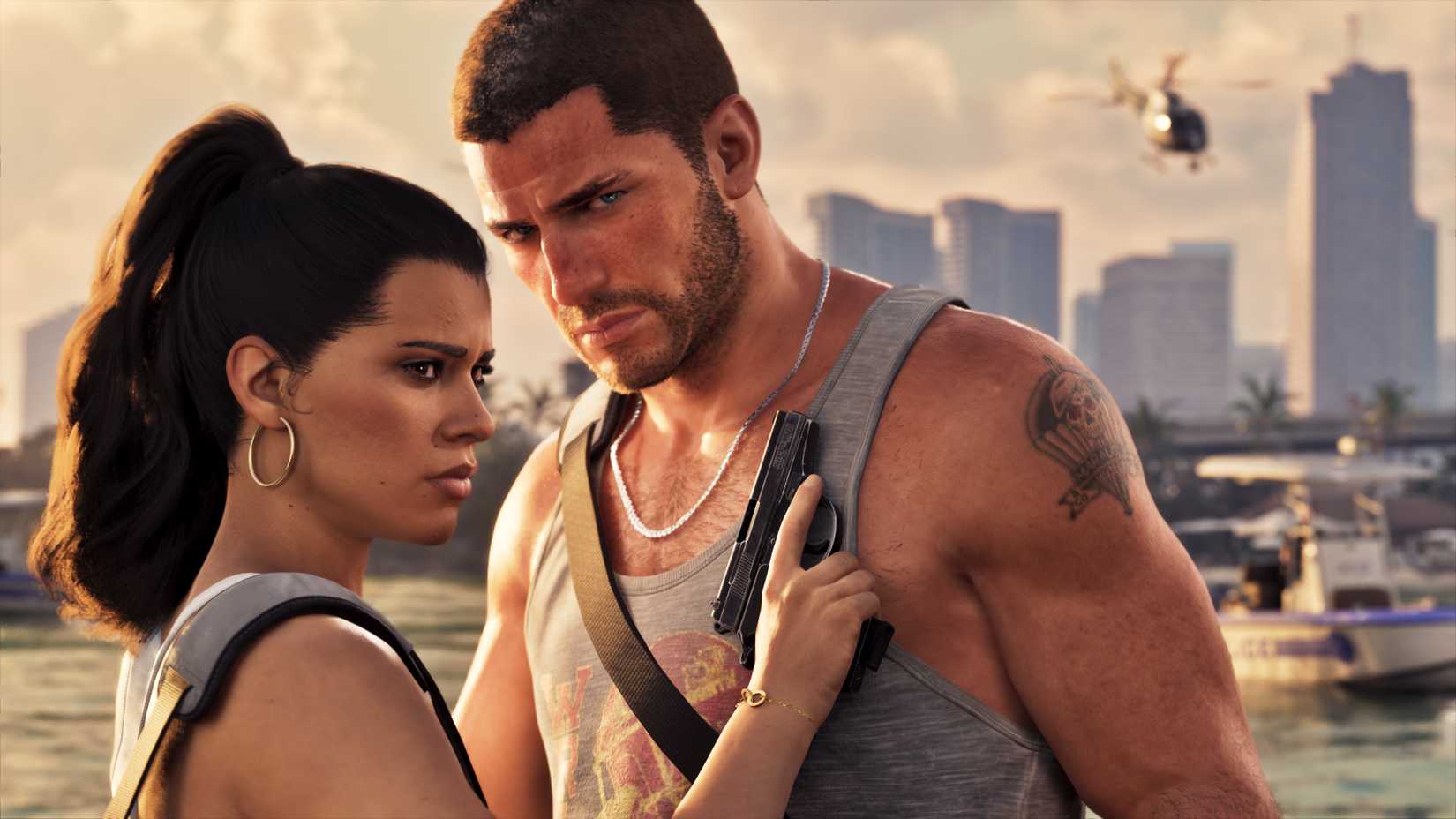Jason and Lucia with gun and helicopter in background