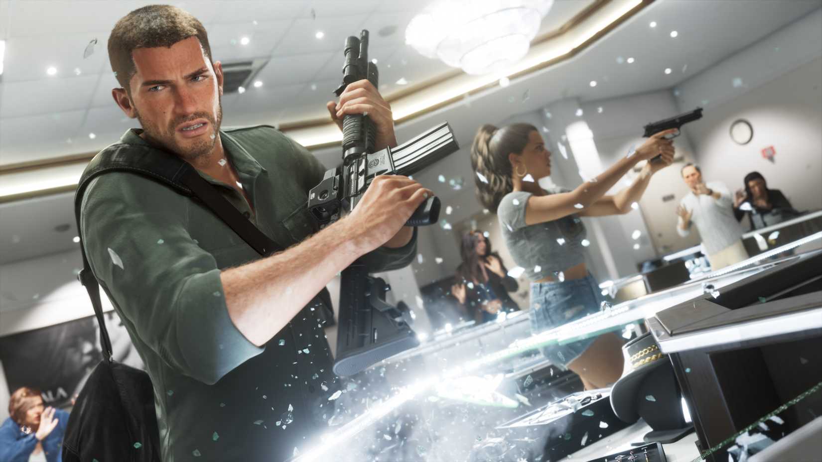 Jason and Lucia pointing guns in a jewelry store in GTA 6