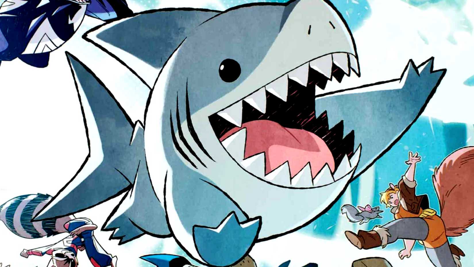 Jeff the Land Shark smiles while jumping in his comic cover