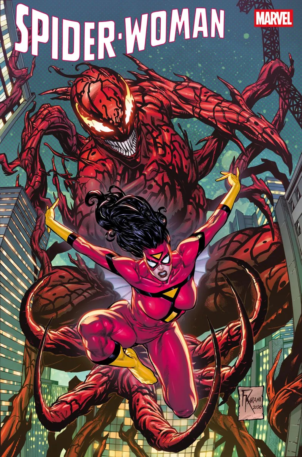 Jessica Drew escapes from a giant Carnage in Spider-Woman cover