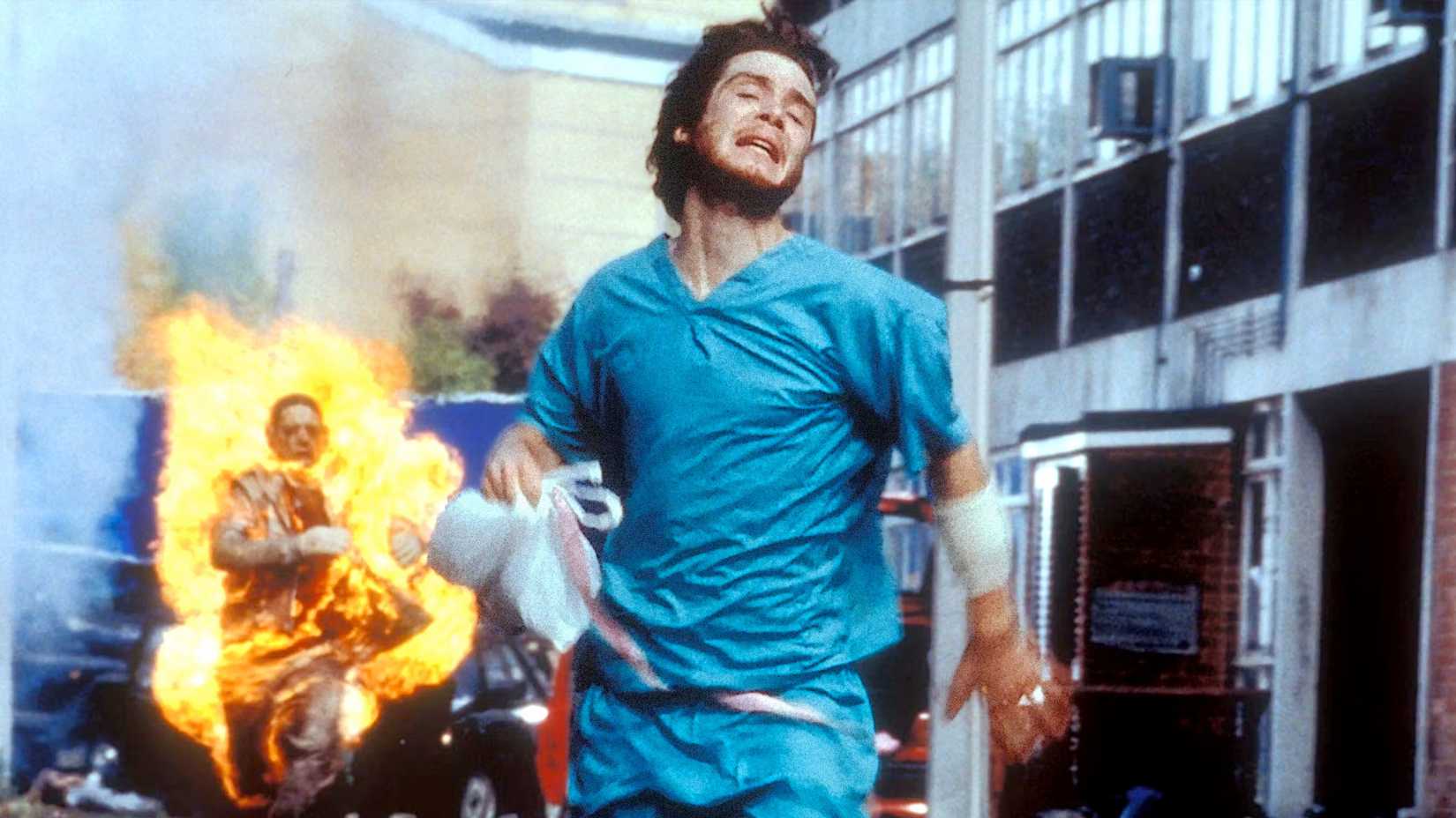 Jim running from a burning zombie in 28 Days Later