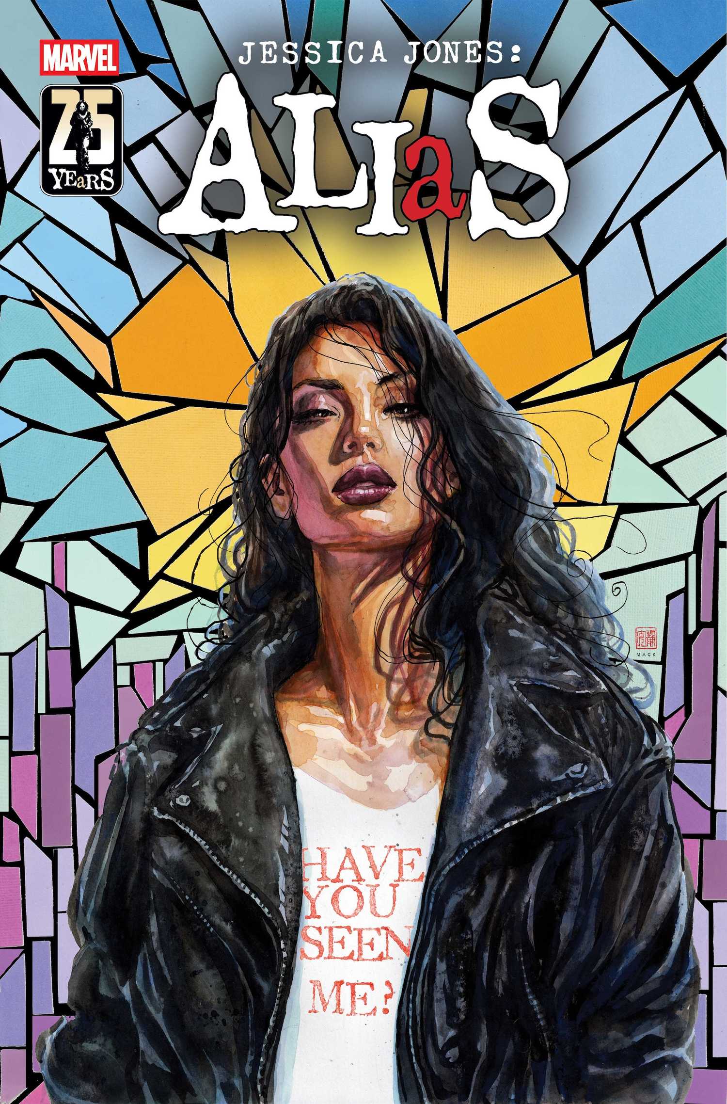 Jessica Jones wearing a black leather jacket and white shirt on the cover of Jessica Jones: Alias #1