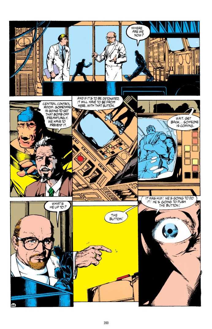 A page from Justice League Quarterly #3 showing a small Mitch Wacky trying to stop a scientist from pressing a button that will destroy his world.