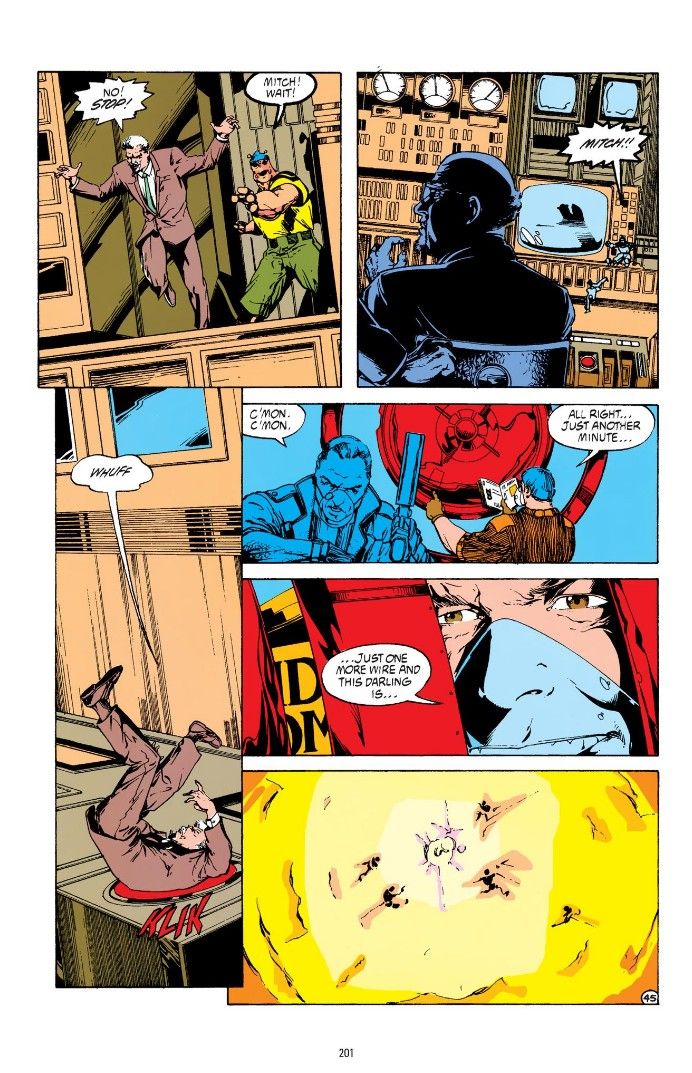 A page from Justice League Quarterly #3 showing tiny Mitch Wacky falling and landing on the button, causing the events that will eventually lead to the destruction of his planet.