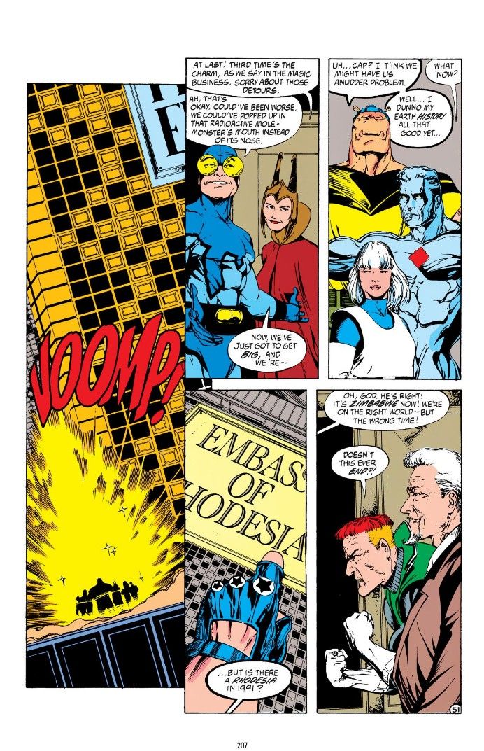 A page from Justice League Quarterly #3 showing the Leaguers make it back to their own reality, but still small and stuck in the past.