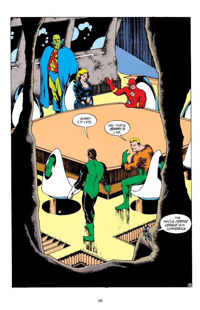 A page from Justice League Quarterly #3 showing the original Justice League gathering for a meeting at their secret base in Happy Harbor.