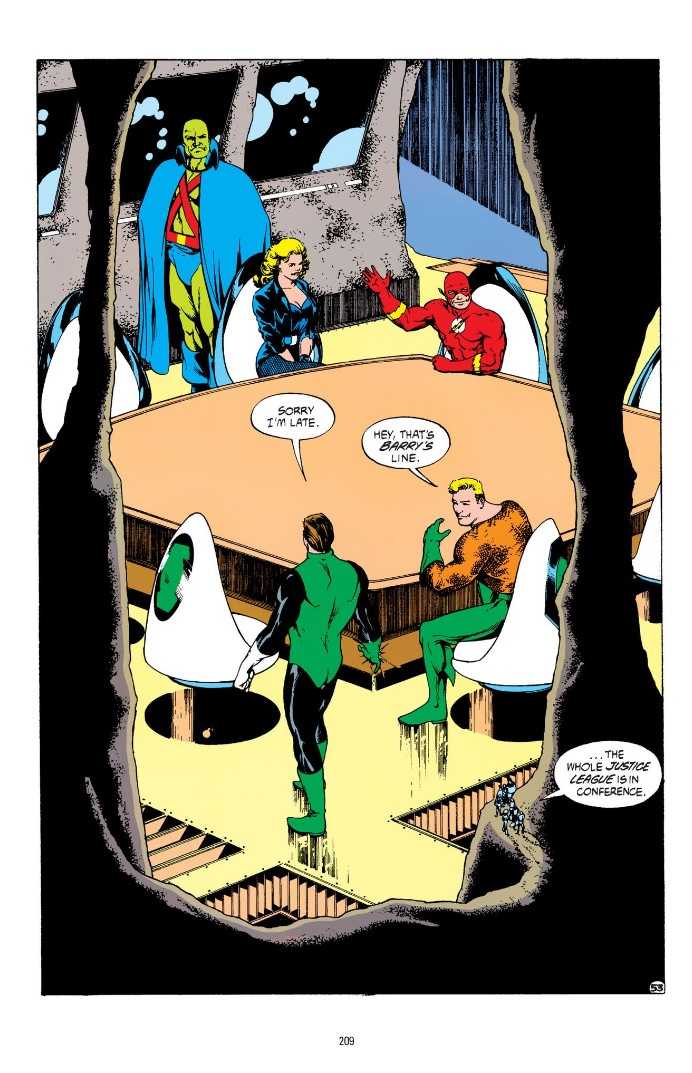 A page from Justice League Quarterly #3 showing the original Justice League gathering for a meeting at their secret base in Happy Harbor.