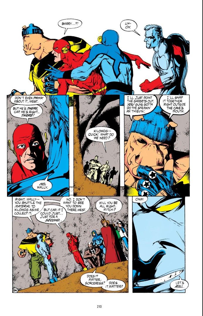A page from Justice League Quarterly #3 showing Wally West - the current Flash - seeing Barry Allen - the previous Flash who is dead in the present - and knowing he has an opportunity to warn his mentor of his death.