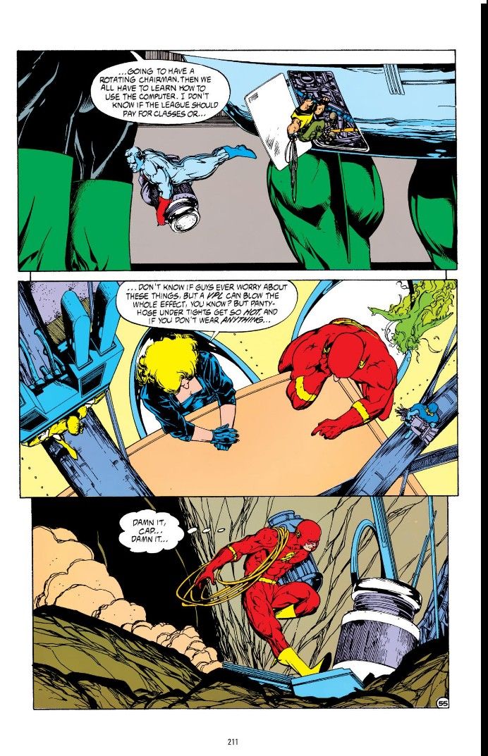 A page from Justice League Quarterly #3 showing Wally West doing his job and keeping away from Barry Allen, even though it pains him.