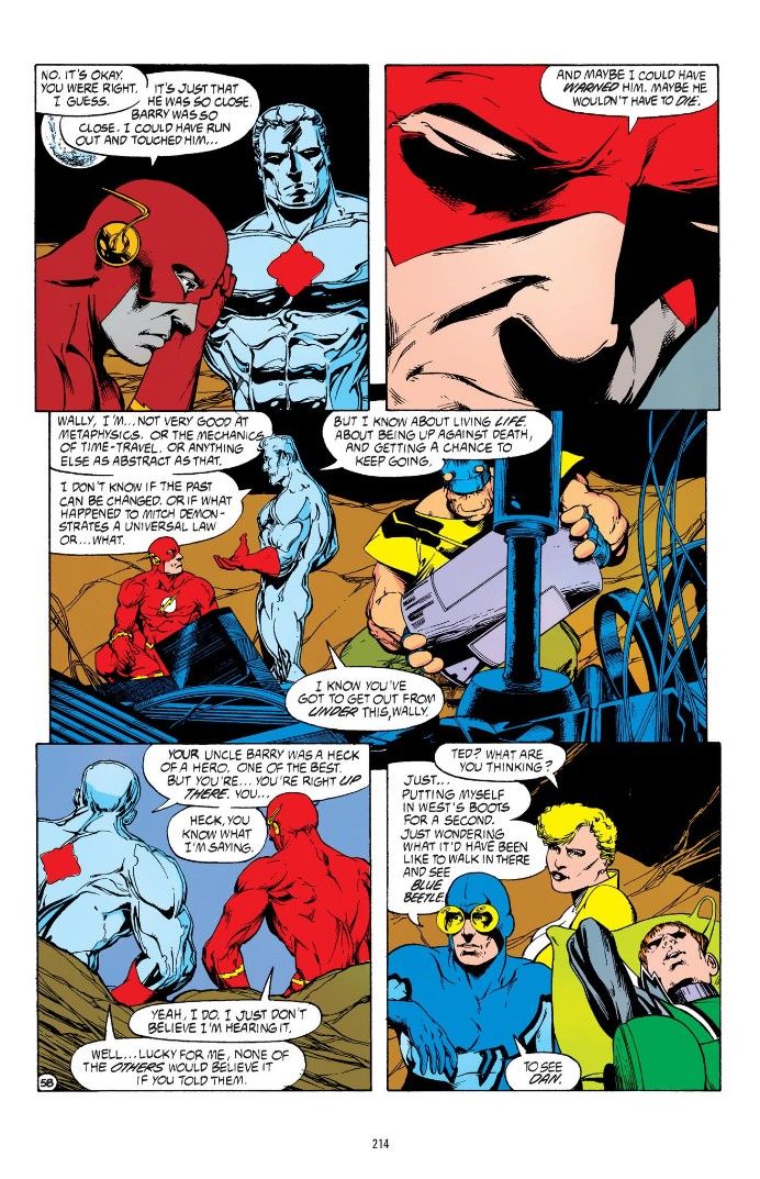 A page from Justice League Quarterly #3 showing Captain Atom and Wally West discussing why Wally can't warn Barry Allen. Blue Beetle empathizes with Wally.