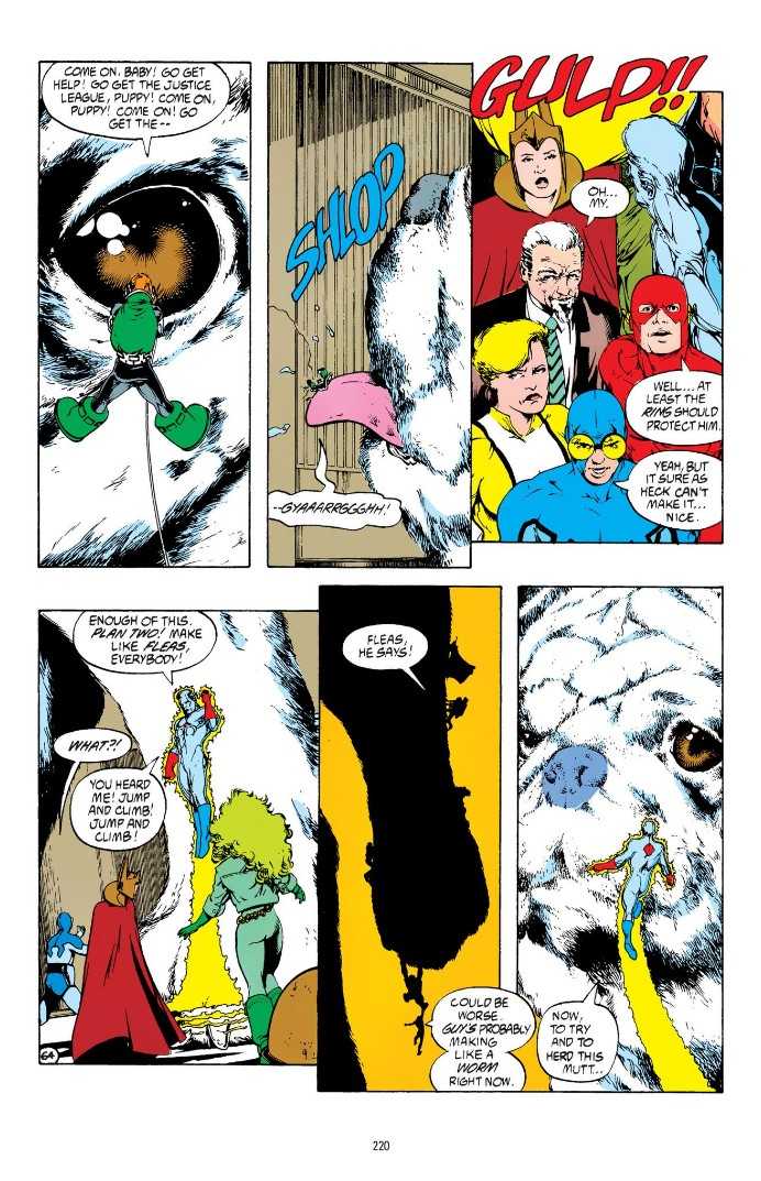 A page from Justice League Quarterly #3 showing the tiny Leagers back in their own time. Guy Gardner gets swallowed by a dog.