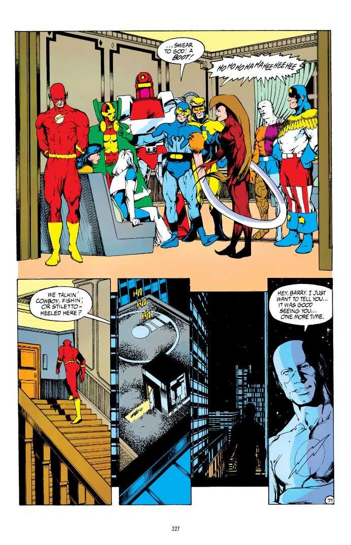 A page from Justice League Quarterly #3 showing Blue Beetle entertaining everyone by recounting the adventure. Wally West breaks away and goes to the roof of the base to be alone in his sadness.