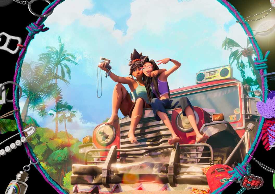 Jo and Raissa pose for a photo as seen through their friendship bracelet in Forgotten Island