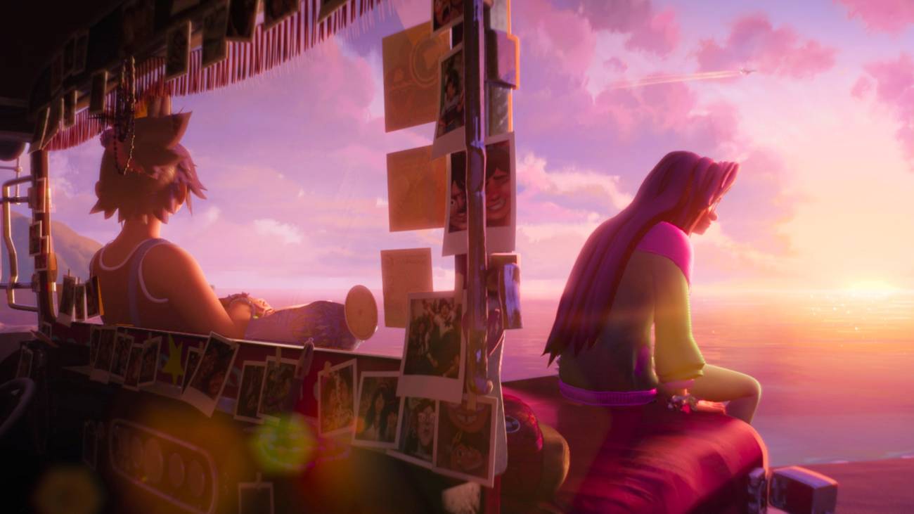 Jo and Raissa sitting together on their crashed van as the sun sets in Forgotten Island