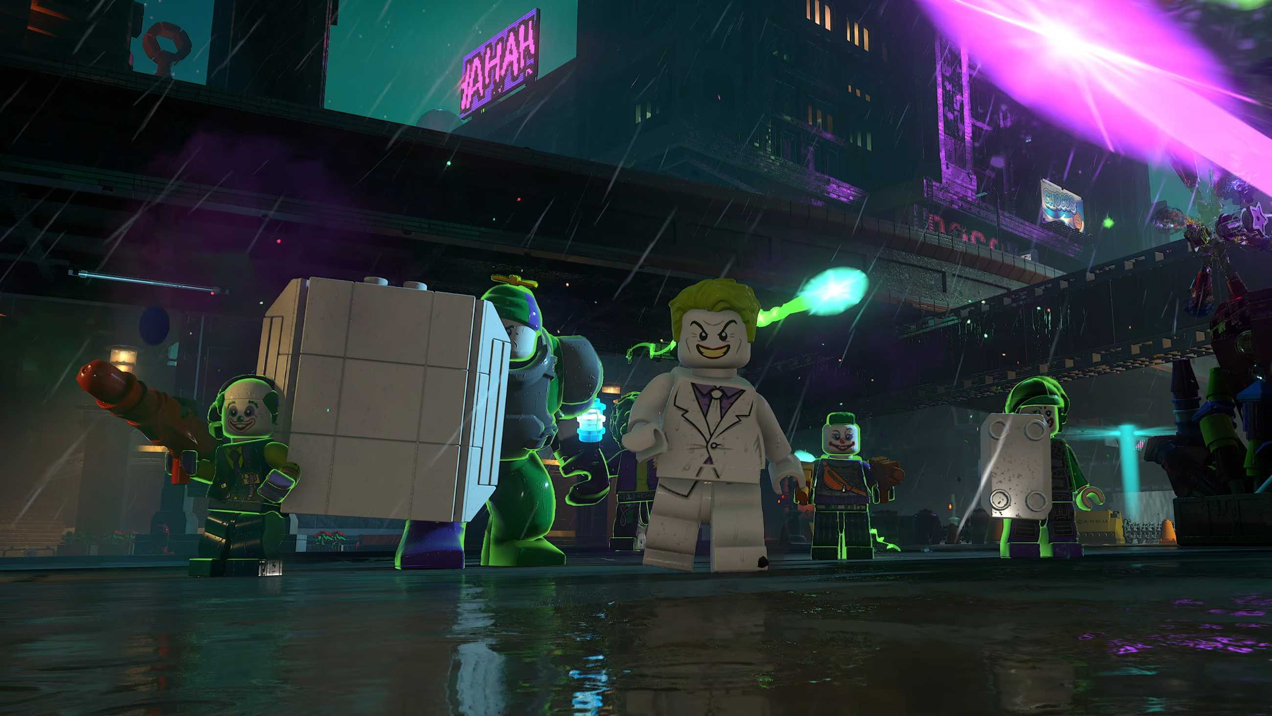 Joker and a gang of villains walking through a Gotham street in Lego Batman: Legacy of the Dark Knight.