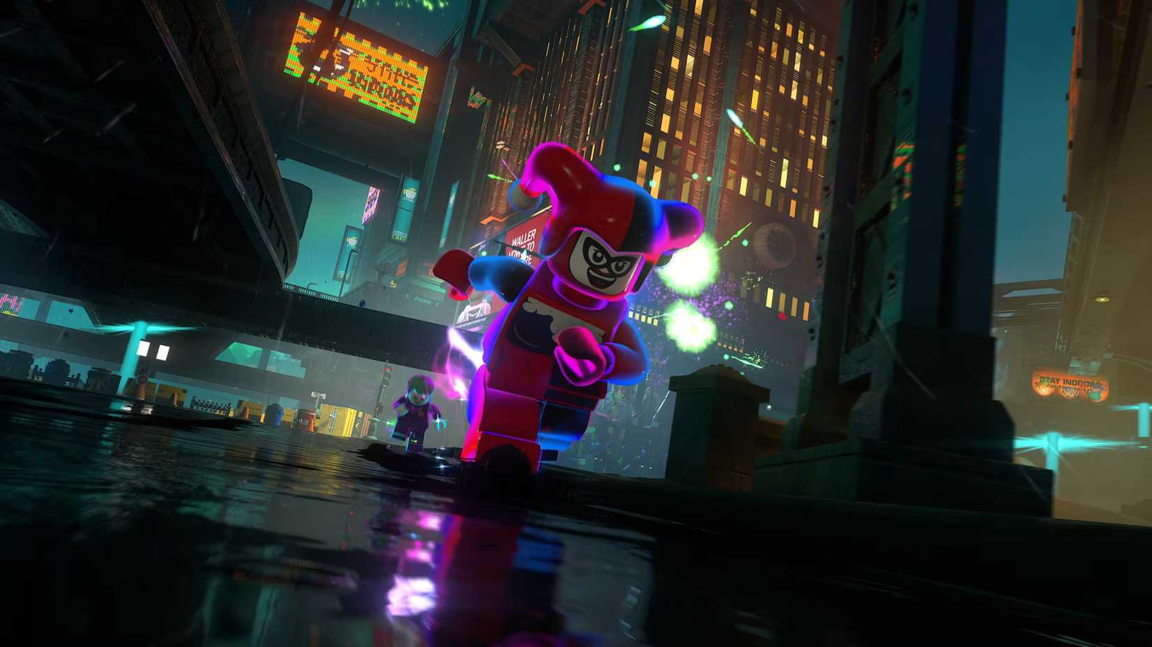 Joker and Harley Quinn running down a Gotham Street in Lego Batman Legacy of the Dark Knight.