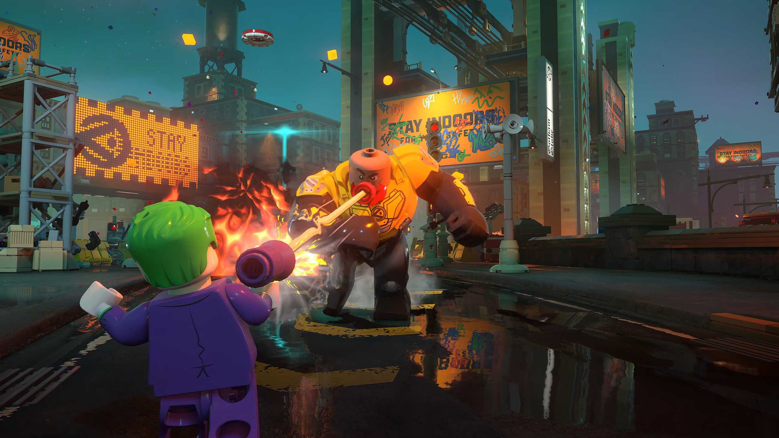 Joker shooting at a boss in Lego Batman Legacy of the Dark Knight.