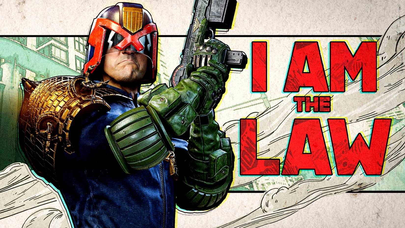 Judge Dredd carries a gun while saying I am the law