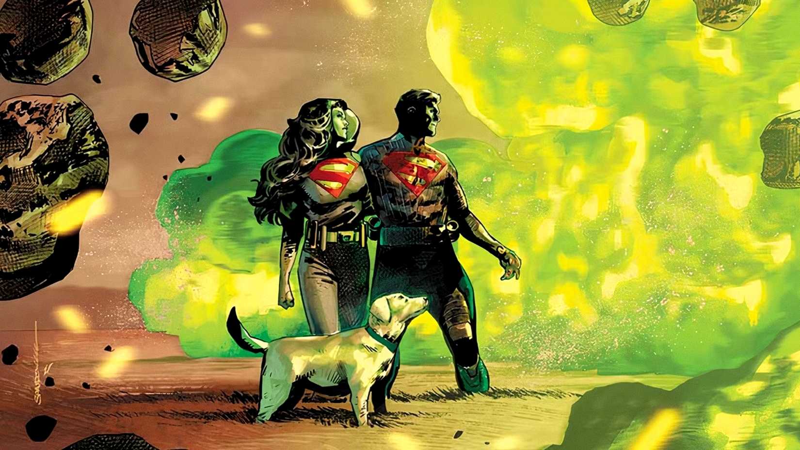 Kal-El's Kryptonian parents and Krypto survive an explosion in Absolute Superman