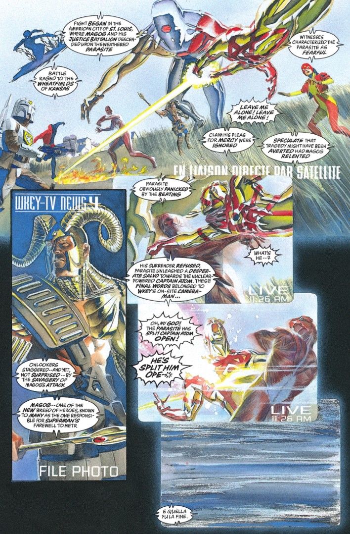 A page from Kingdom Come showing the destruction of Kansas after Captain Atom's containment suit is ruptured, making him explode in a nuclear fireball.