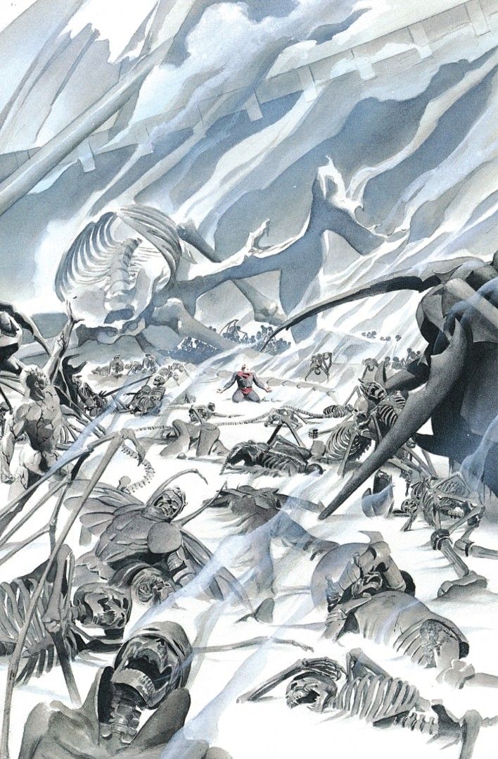 A page from Kingdom Come showing Superman surrounded by the corpses of countless heroes.