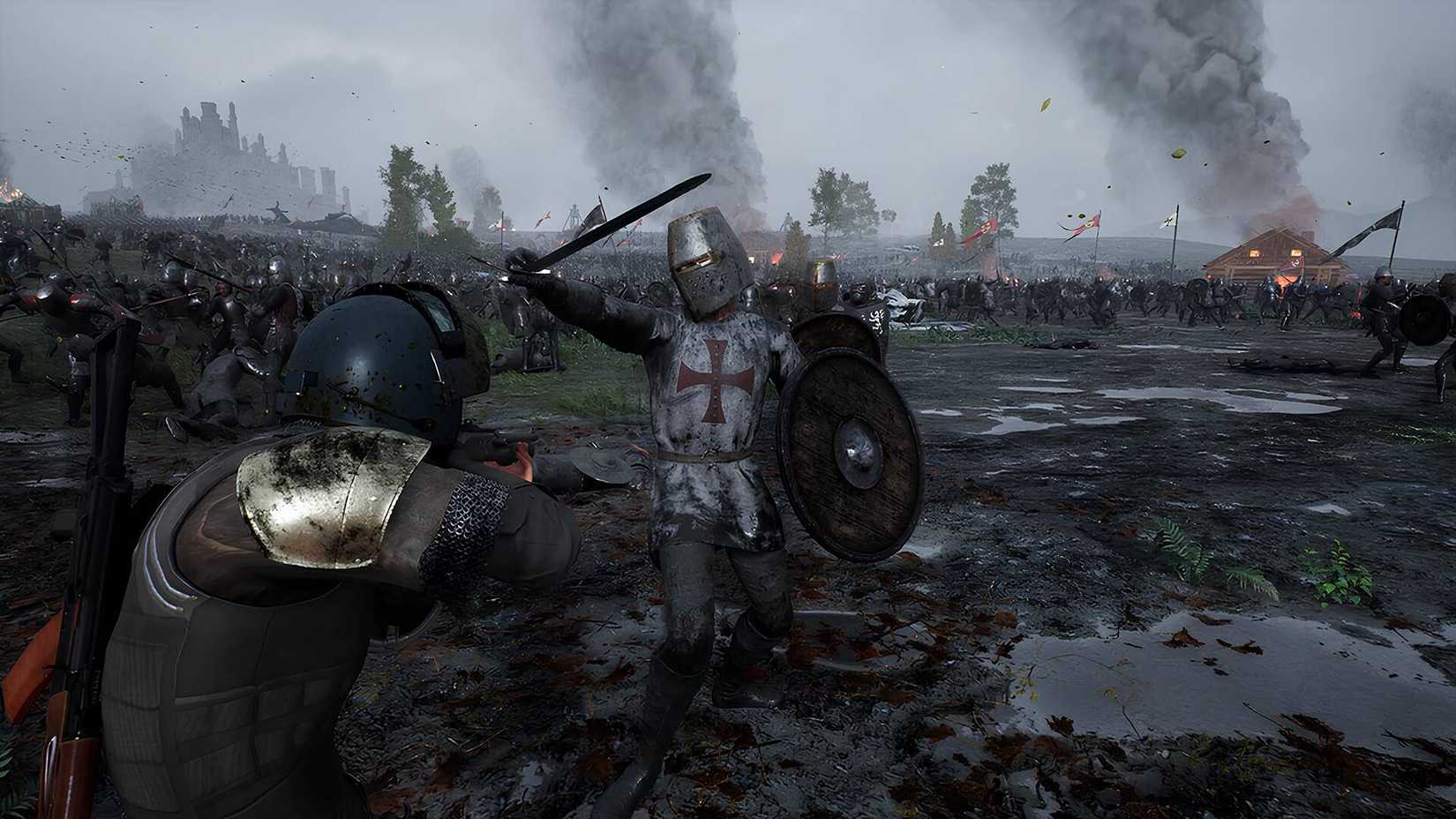 The player shooting at an approaching knight in Kingmakers.