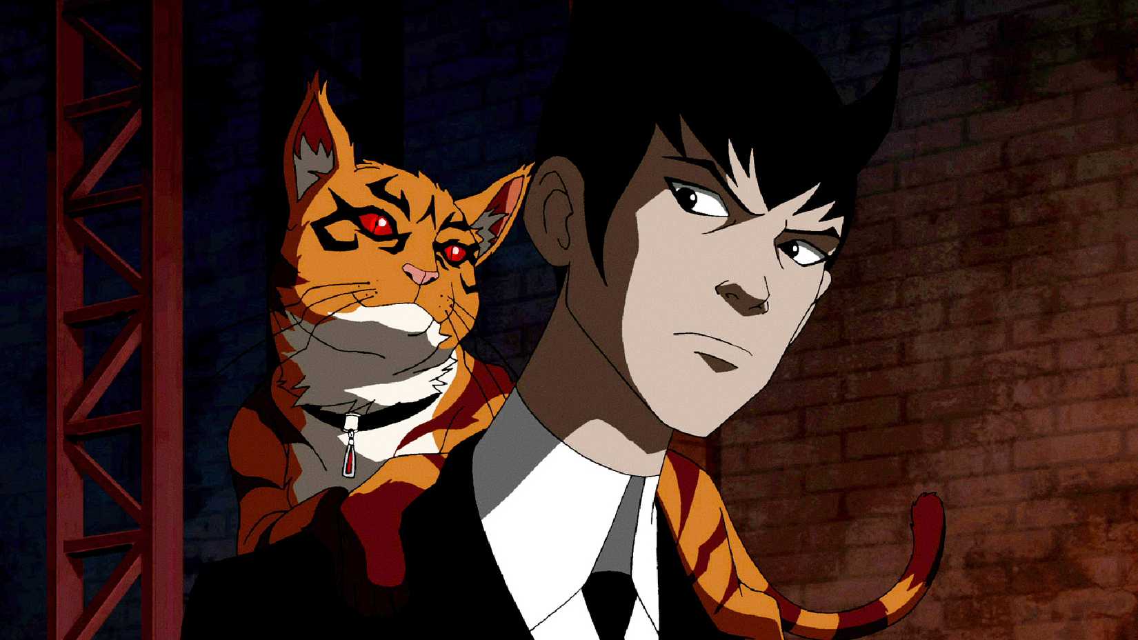 Klarion and his cat Teekl look at each other in Young Justice