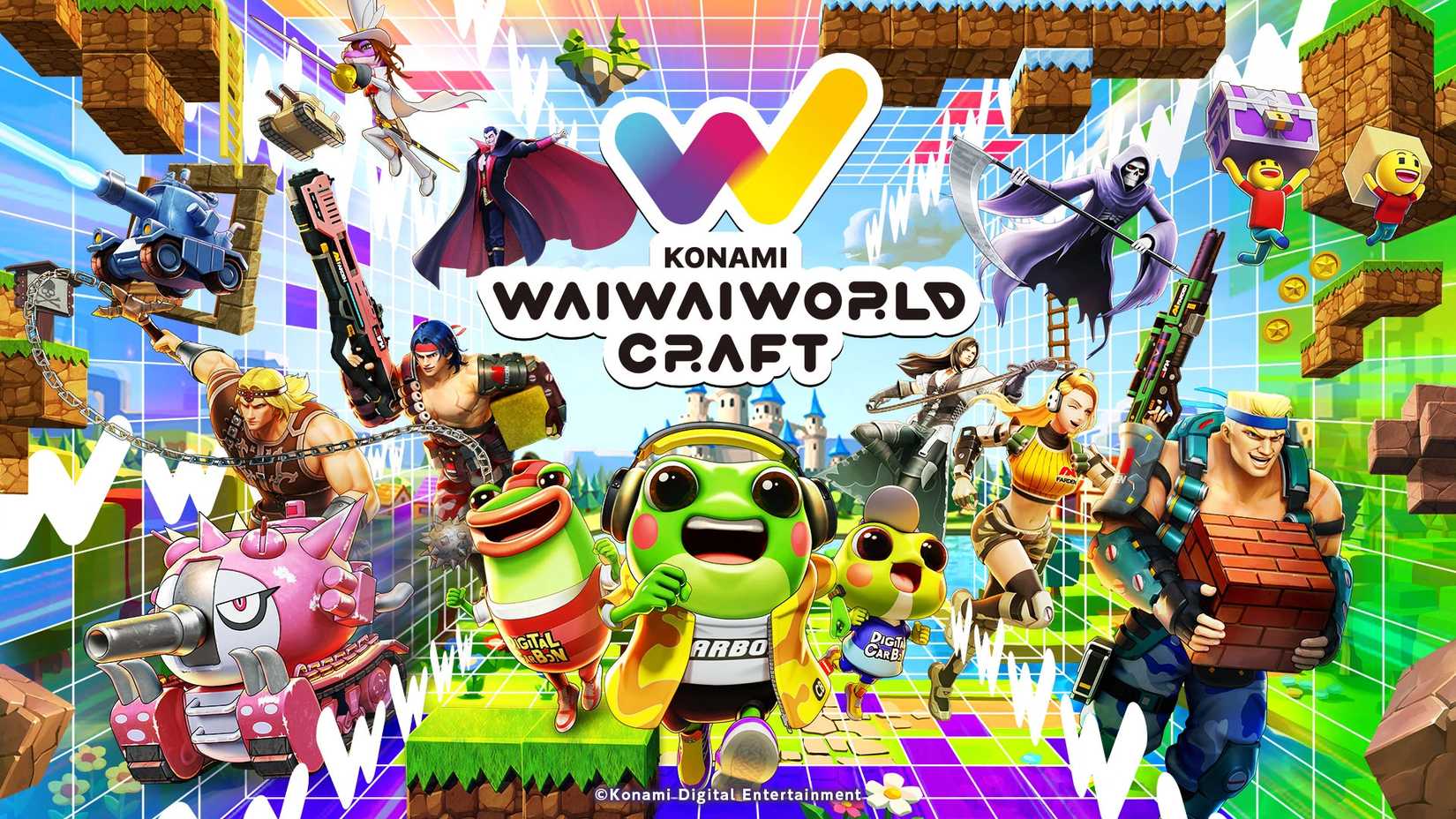 Key art for Konami Wai Wai World Craft highlights tons of playable characters.