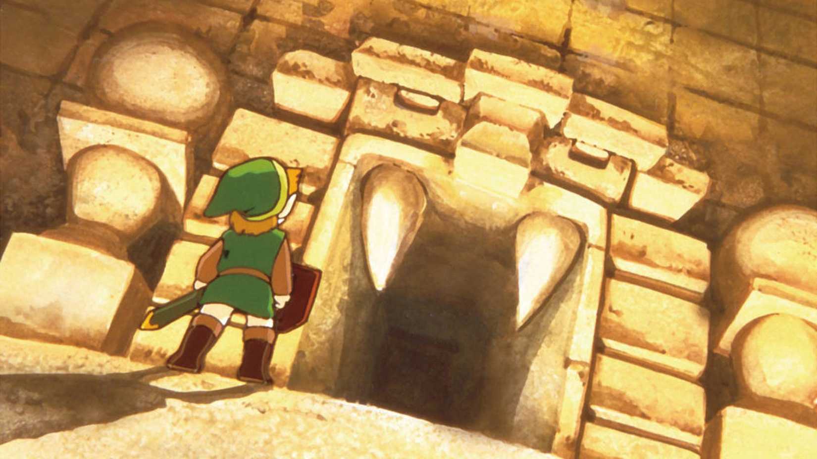 Art from the NES The Legend of Zelda game featuring Link outside of a dungeon.