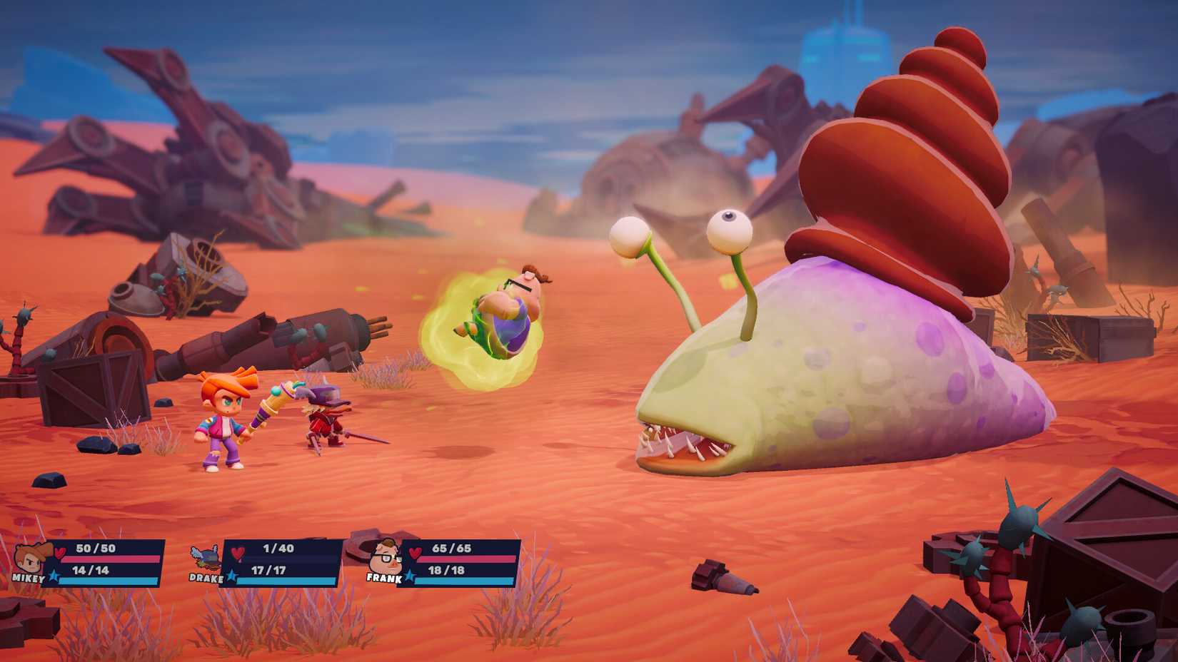 The party faces a Giant Snail in a desert in Legends of Starkadia.