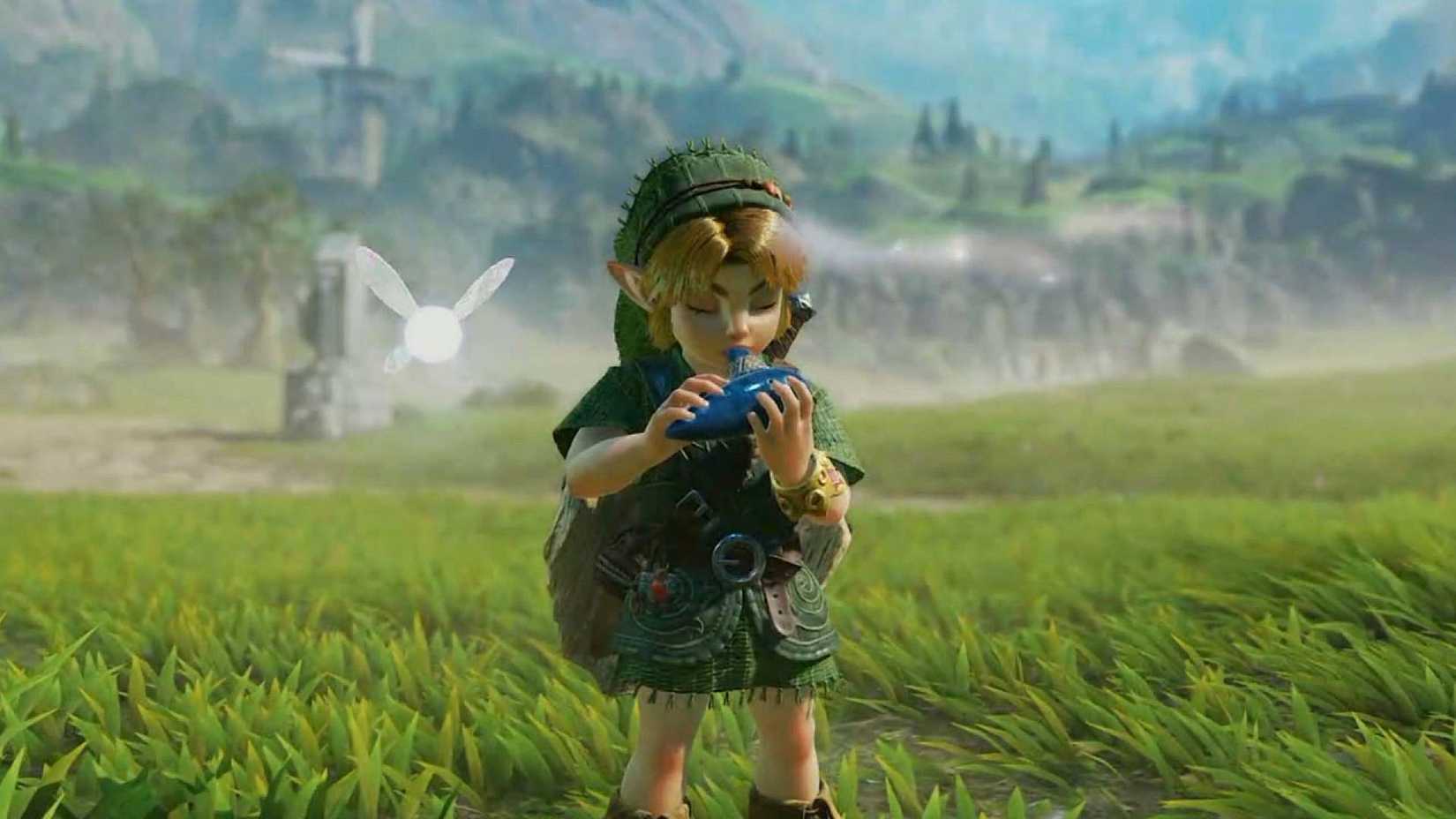 Link playing the ocarina in Hyrule field in the Ocarina of Time remake.