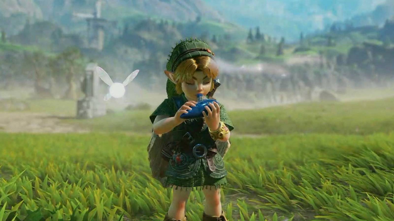 Link playing the ocarina in Hyrule field in the Ocarina of Time remake.