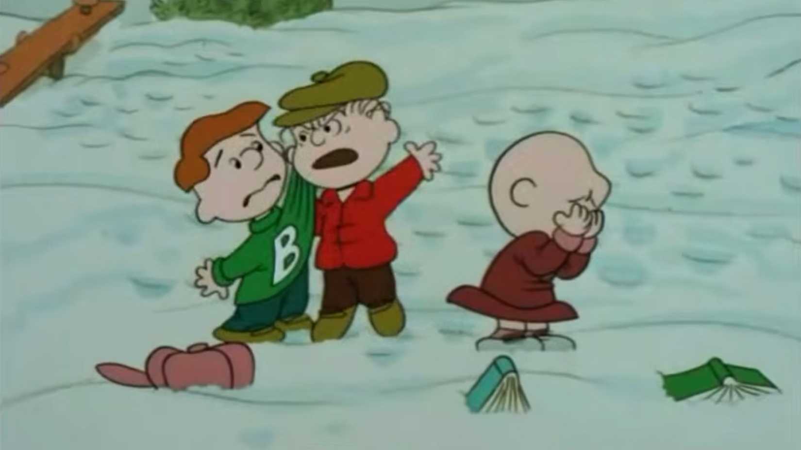 Linus grabbing the collar of the bully for removing Janice's hat