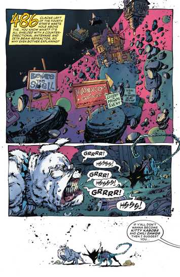 Lobo and an alien cat-like creature growling and hissing at each other outside a house on an asteroid