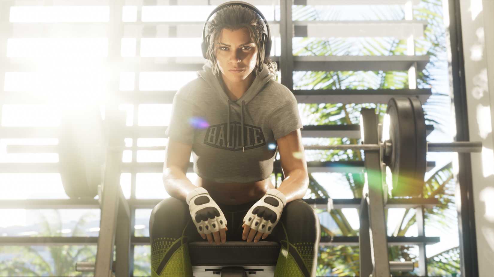 Lucia with headphones on in the gym in Grand Theft Auto 6