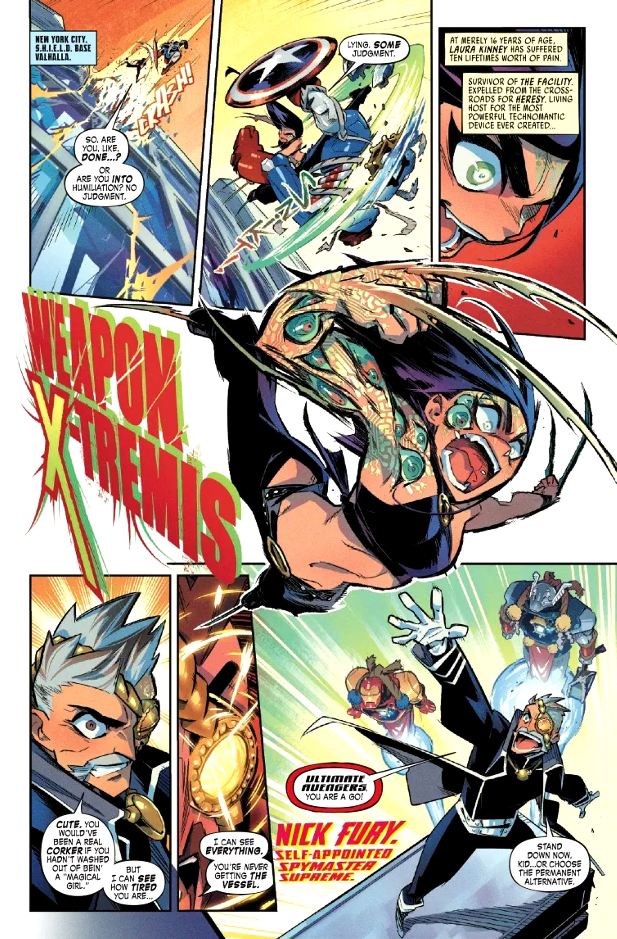 MARVEL MANGAVERSE WEB OF BLOOD 1 VISTA PREVIA, PÁGINA 1, MOSTRANDO A LA HIJA DE WOLVERINE, LAURA KINNEY, COMO ARMA-XTREMIS