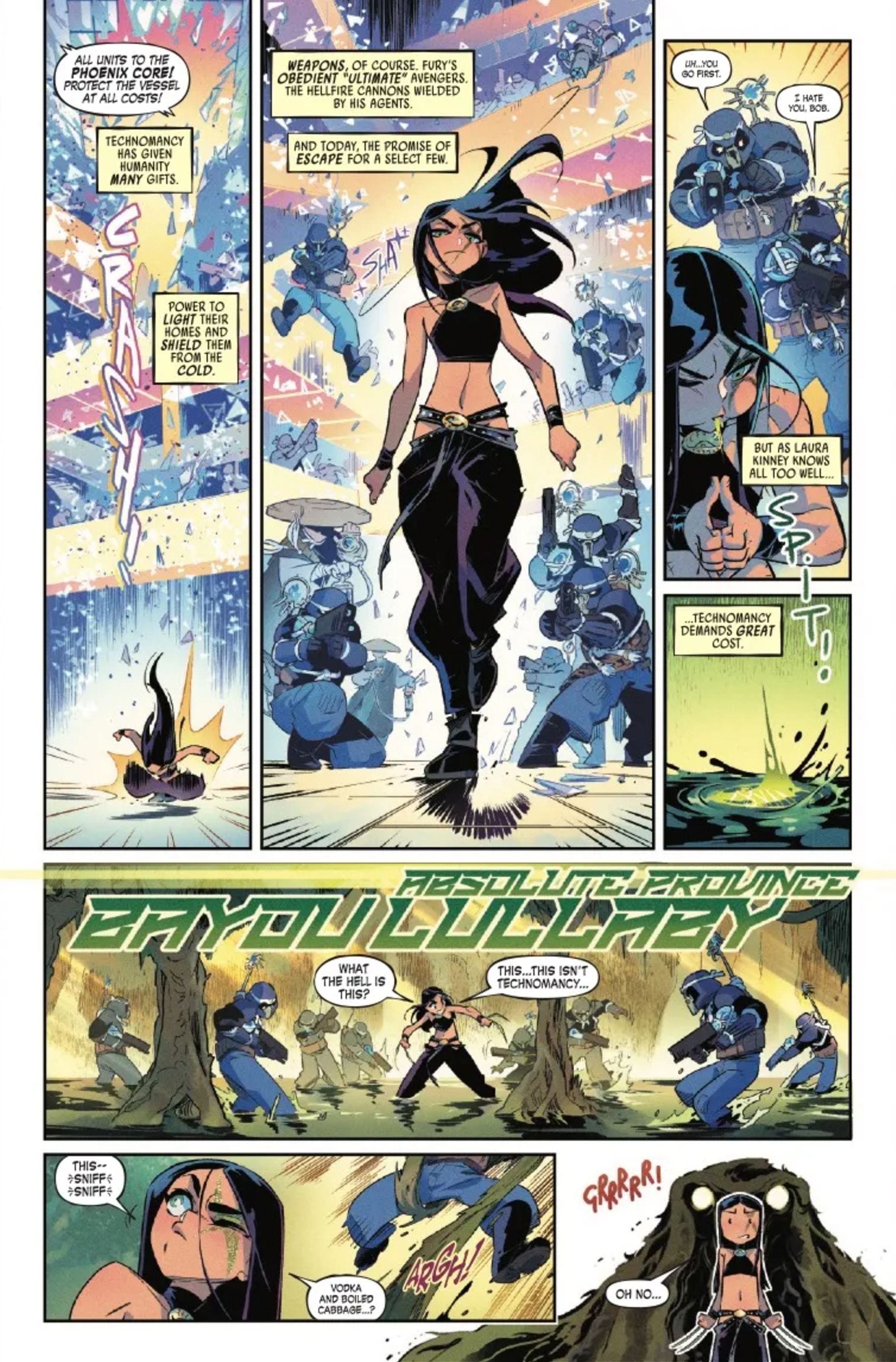 MARVEL MANGAVERSE WEB OF BLOOD 1 VISTA PREVIA, PÁGINA 4, MOSTRANDO A LA HIJA DE WOLVERINE, LAURA KINNEY, COMO ARMA-XTREMIS
