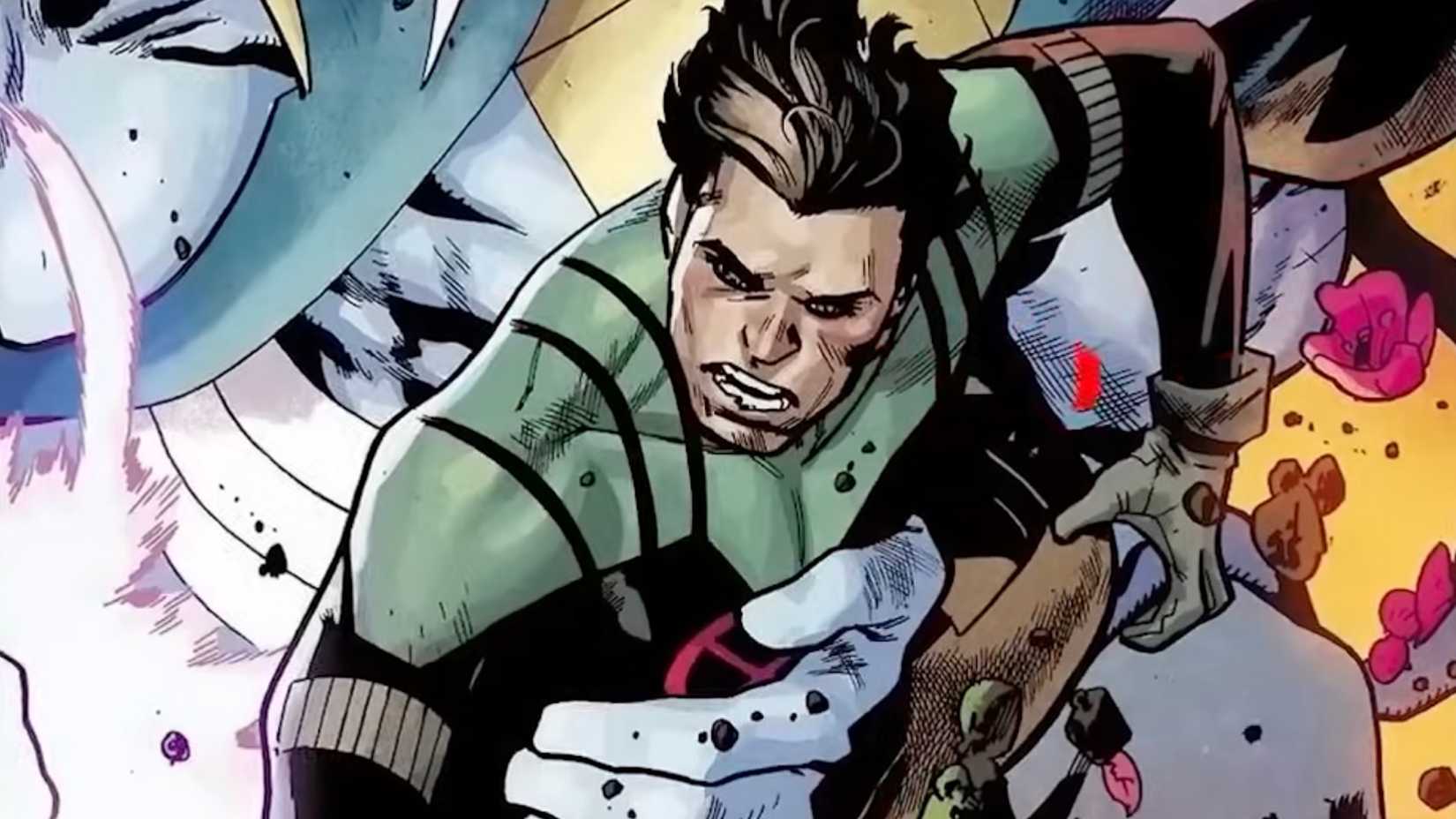 Rictor being held by another character's giant hand, while he's using his earth powers