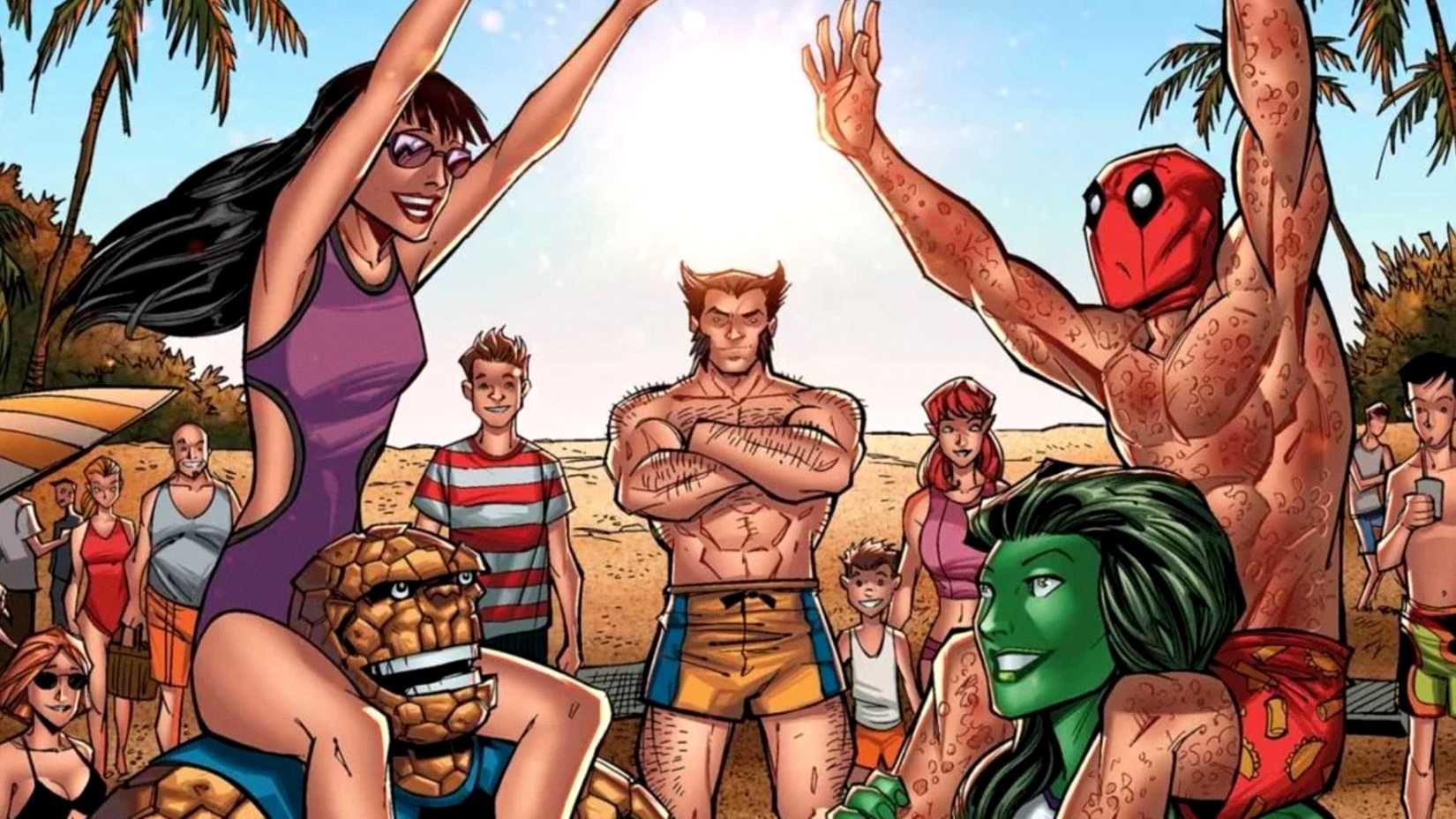 Marvel's heroes play together at the beach in summer-themed cover art