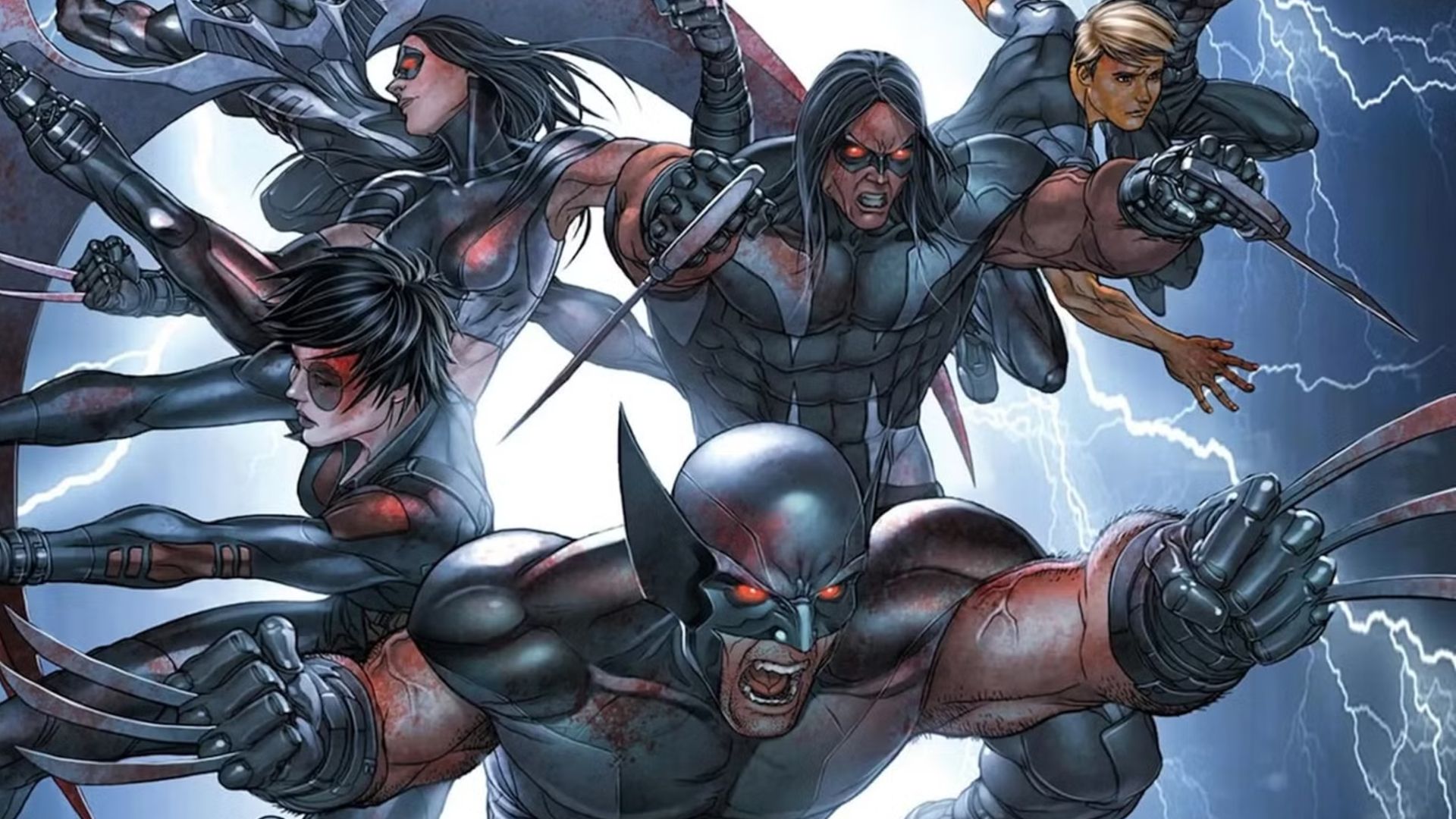The X-Force in their gray uniforms, charging forward with Wolverine leading them, his claws extended as he screams.