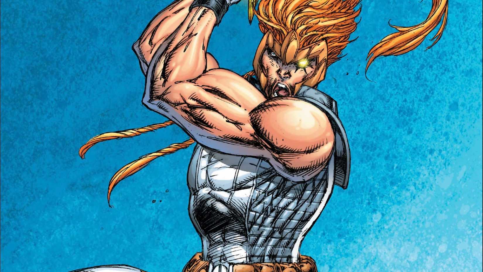 Shatterstar jumping into the air and swinging his sword