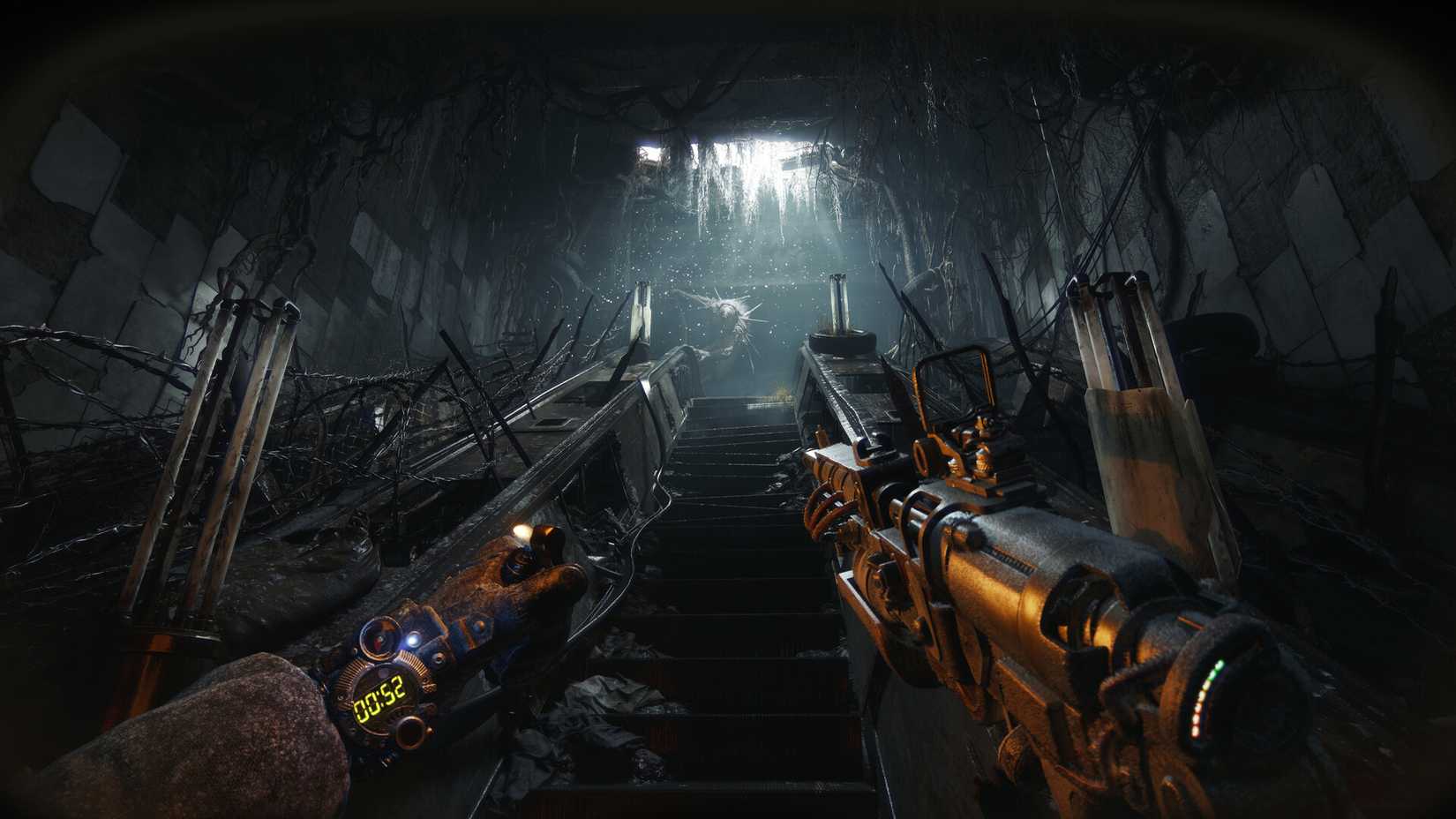 A survivor climgs broken stairs in Metro 2039.