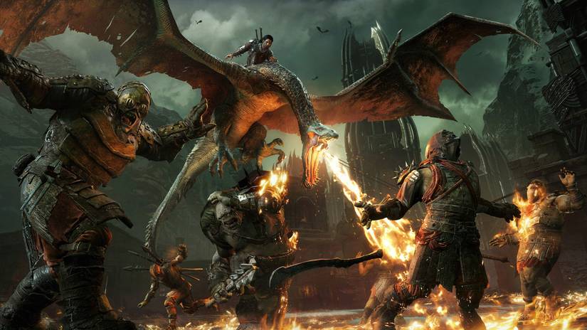 Middle-earth Shadow of War characters attacking a fire breathing dragon