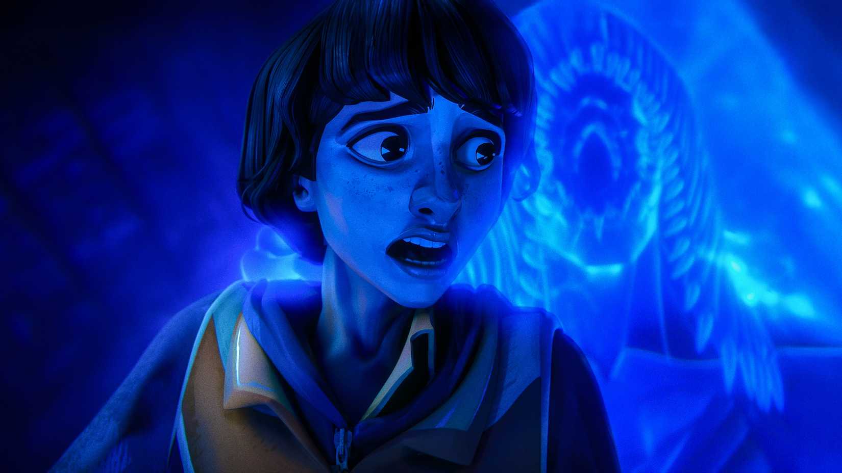 Mike scared with a ghost behind him in Stranger Things Tales From '85 season 2