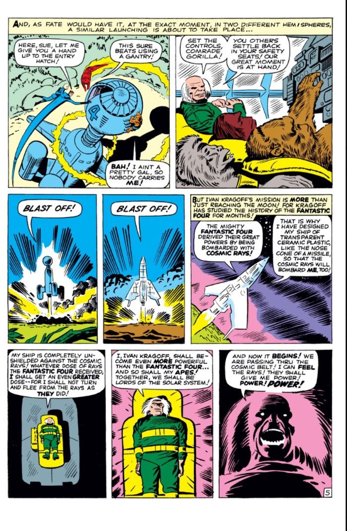 A page from Fantastic Four #13 showing Red Ghost ansd his apes being bombarded by cosmic rays.